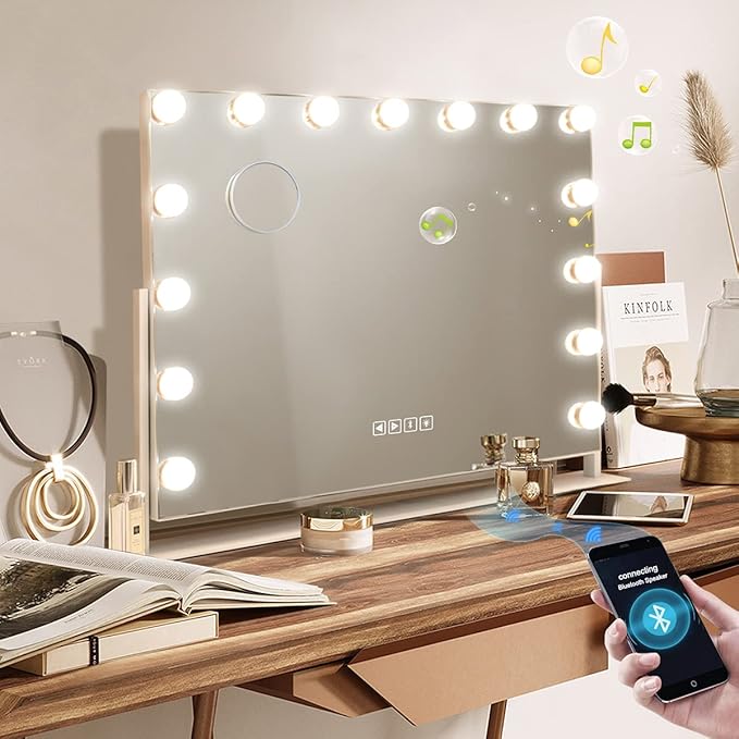 Hansong Bluetooth Vanity Mirror with Lights Hollywood Mirror with Lights and 15 Dimmable LED Bulbs Hollywood Makeup Mirror Rotation 3 Color Lighting Modes