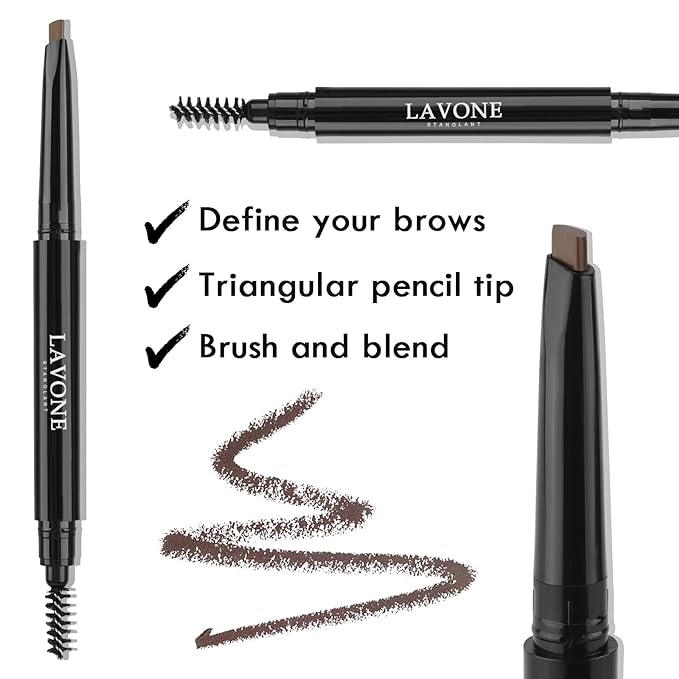 LAVONE Eyebrow Stamp Stencil Kit - Brow Stamp Trio with Waterproof Pencil, Pomade, 20 Stencils, Dual-ended Brush and Sponge Applicator - Dark Black