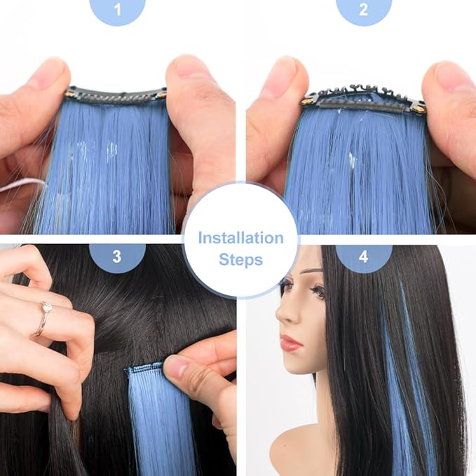 Colored Hair Extensions 14 PCS, 22 In Baby Blue Clip in Hair Extensions Party Highlights, Light Blue Synthetic Hairpieces for Girls Women Kids Gift(Haze Blue)