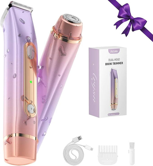 Bikini Trimmer for Women, 2 in 1 Dual Head Rechargeable Electric Shaver, Painless Pubic Hair Trimmer for Underarm Leg Arm Body Face– IPX7 Waterproof & Travel-Friendly, GoldPurple