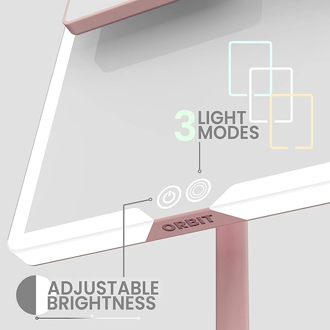 LUNA London Orbit LED Vanity Mirror with Lights, Dimmable & USB-C Rechargeable Tabletop Mirror, 7X 1X Magnification - Blush Rose Pink