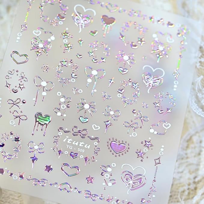 Valentines Nail Art Stickers Aurora Heart Nail Stickers for Nail Art 5D Embossed Bow Heart Nail Design Glitter Valentines Holiday Nail Decals for Women Girls Manicure Supplies