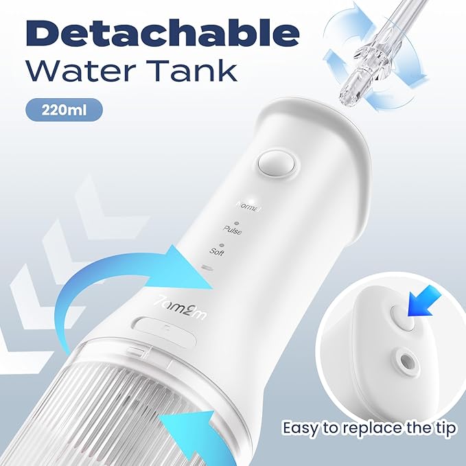 7AM2M Portable Cordless Water Flosser, Oral Irrigator with 3 Modes & 2 Tips, Fast Rechargeable, IPX7 Waterproof, Dental Water Flosser for Travel and Home Use (White)