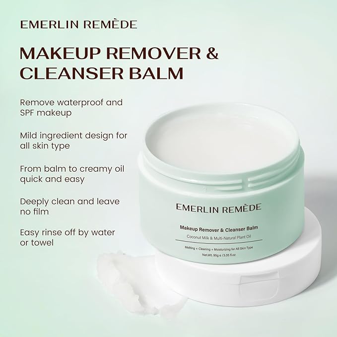 Emerlin Remède Makeup Remover & Cleanser Balm with Coconut Milk & Multi Natrual Plant Oil for Melting, Cleaning And Moisturizing For All Skin Type
