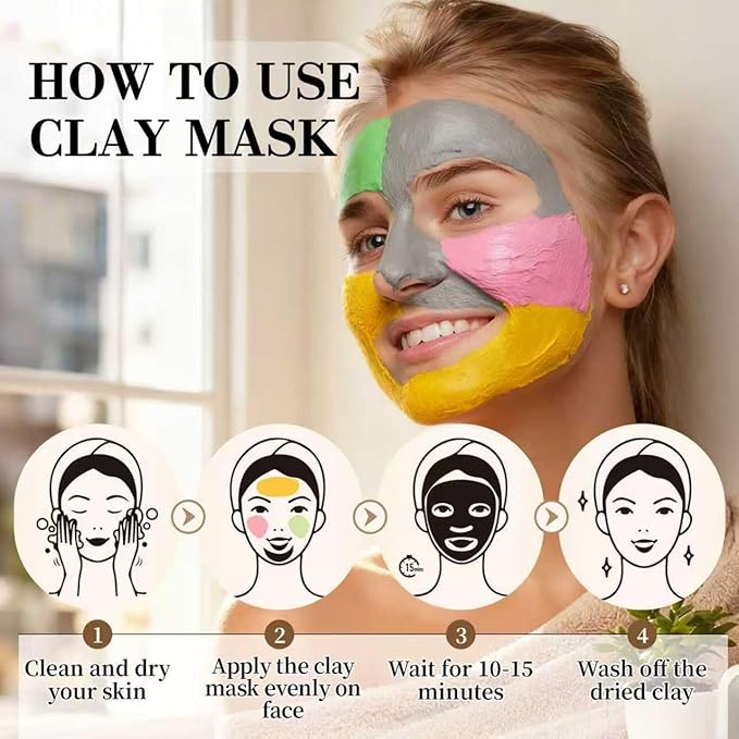 Pjordo 4 Pcs Clay Mask for Face(360g in total), Turmeric Vitamin C, Dead Sea Mud,Green Tea, Avocado, Rose, Facial Clay Mask Set, Face Mask Skin Care, Valentine's Day Gifts Set for Her, 3.17 Oz Each
