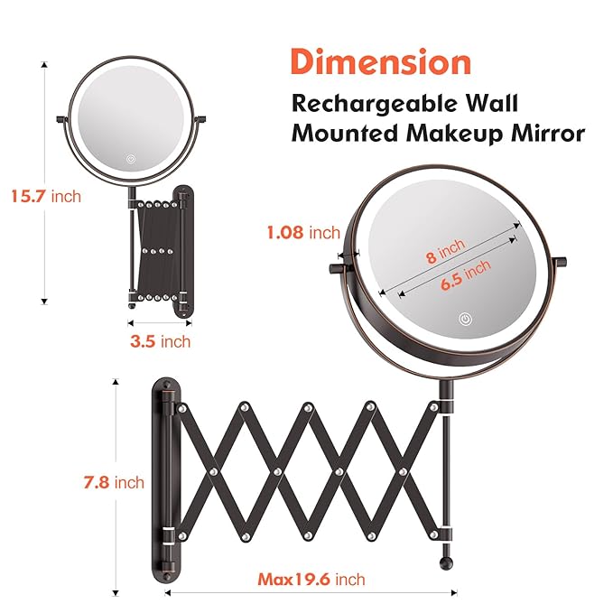 Rechargeable Wall Mounted Makeup Mirror - 8 Inch Double Sided 30X/5X Magnifying Mirror with 3 Color Lights Dimmable Touch Screen, 360°Swivel 19.6 Inch Extendable Accordion Bathroom Mirror