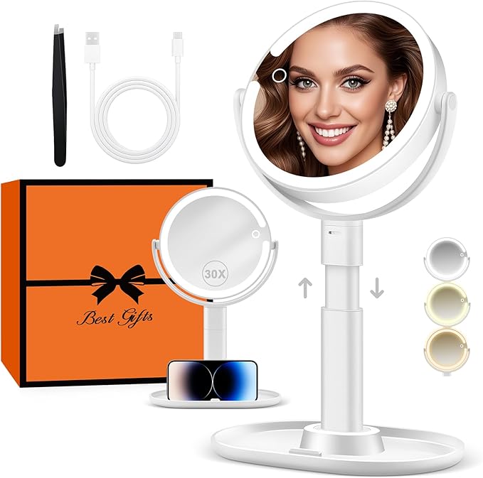 B Beauty Planet Vanity Mirror with Lights, 30X Magnifying Makeup Mirror with 3 Lighting and Adjustable Brightness, Rechargeable 2-Sided Height Adjustable Desk Mirror for Bathroom, Gift for Women White