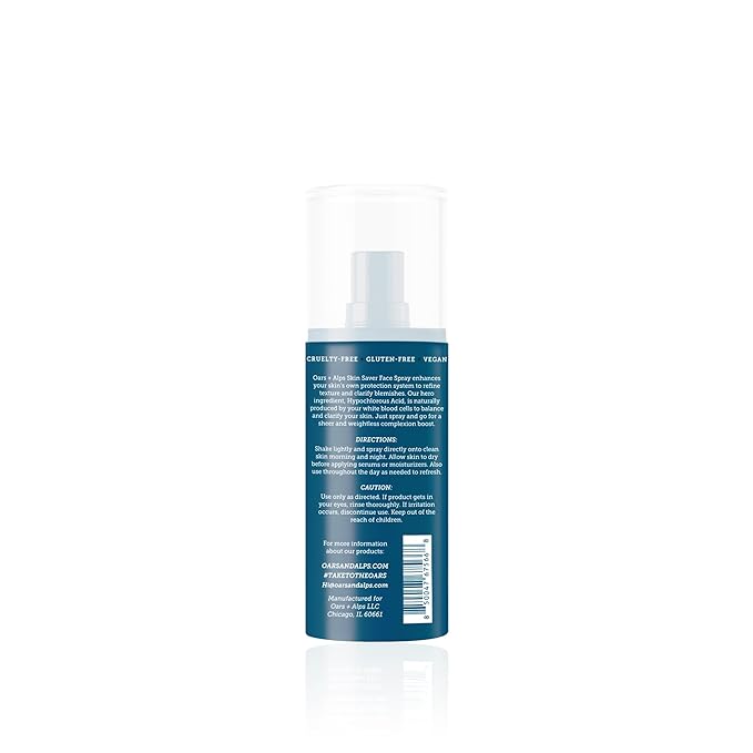 Oars + Alps Skin Saver Facial Spray for Sensitive Skin, Face Spray with Hypochlorous Acid for Breakouts, Itchy, Acne- Prone Skin, Rashes, Redness, Workouts, Traveling, Safe & Clean Ingredients, 3.4oz