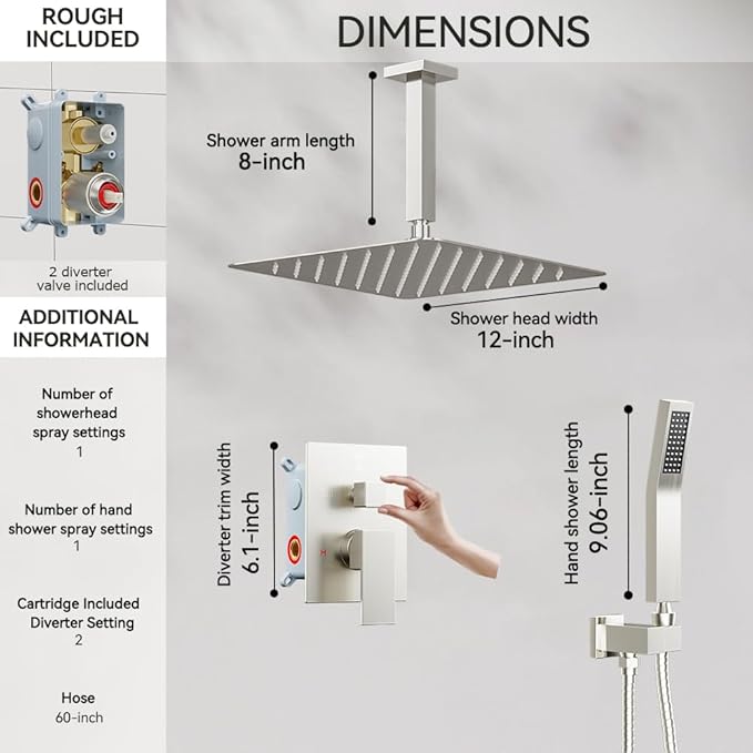 Shower Faucet Set Brushed Nickel Shower System, Starbath 12 Inch Rain Shower Head and Handheld Spray Shower Set Complete Ceiling Mounted,2 Way Pressure Balance Shower Valve and Trim Kit Included