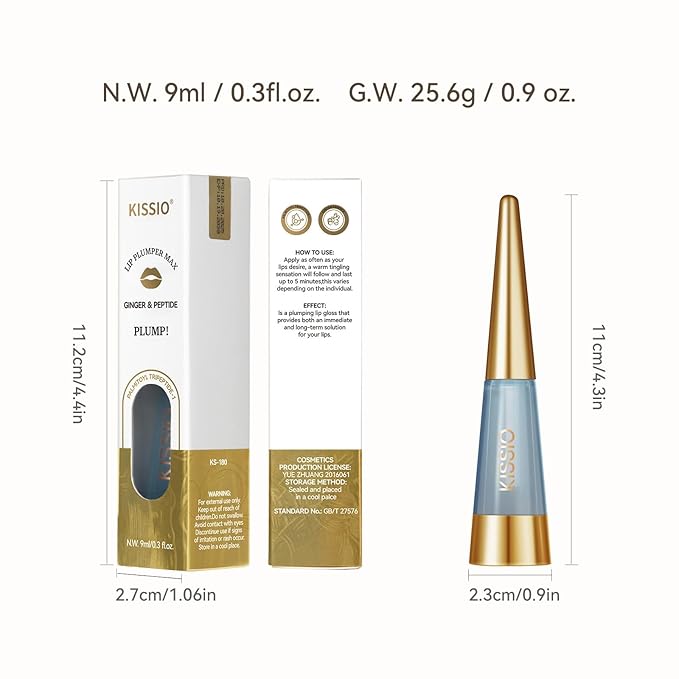 KISSIO PLUMP Lip Plumper,0.3 fl oz (9 ml),Maximum Plump with Ginger and Peptides,Extreme Lip Plumper,Hydrating and Plumping,Lips Lines Care,Lips Gloss,Proficient