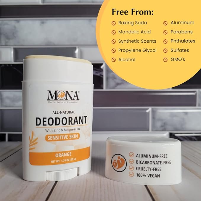 MONA BRANDS All Natural Deodorant For Women & Men | For Sensitive Skin | No Aluminum or Baking Soda | (2-Pack ORANGE 1.76 Oz each)