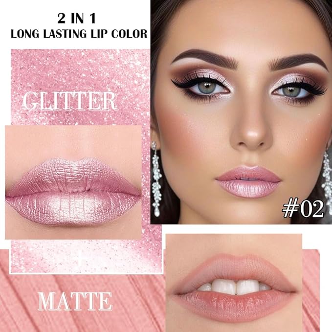 evpct Light Pink Metallic Glitter Lip Liner and Lipstick Combo Lip Gloss Stain Set Makeup for Women Long Lasting Waterproof 24, Light Voilet Frosted Metallic Shimmer Glossy Iridescent Liquid Lipstick