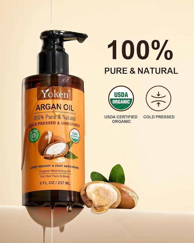 USDA Organic Argan Oil for Hair, Pure and Natural Morocco Argan Oil, Argon Oil For Hair, Scalp, Face & Skin Care, 100% Cold Pressed Hair Conditioner, Unrefined Argon Nails Carrier Oil (8 Fl Oz)