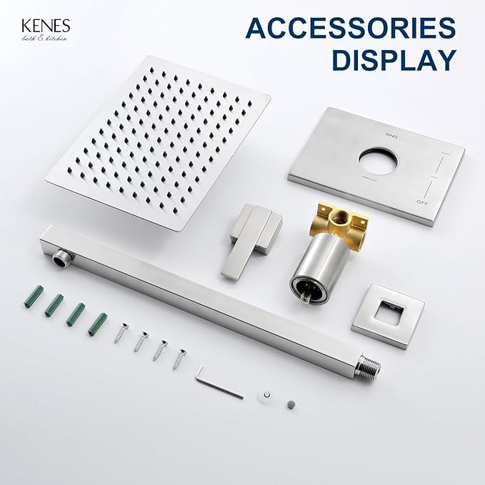 KENES Brushed Nickel 10-Inch Shower Head and Handle Set, Square Shower Faucet Set Bathroom Rainfall Shower System Wall Mount, KE-6024B (Shower Valve Included)