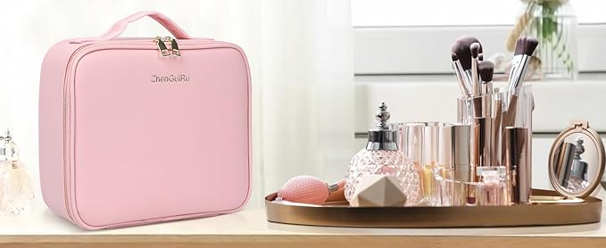 Gdsshuhung Makeup Bag with Mirror | Partitionable Professional Makeup Organizer | Large Travel Makeup Bag for Women | Cosmetic Case for Daily & On-the-Go Use (Pink)