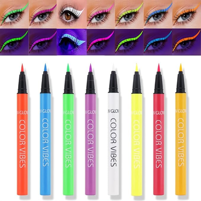 8 Color UV Neon Glow Waterproof & Long-Lasting Liquid Eyeliner for Party & Rave - Glows Bright Under Blacklight(Liquid)