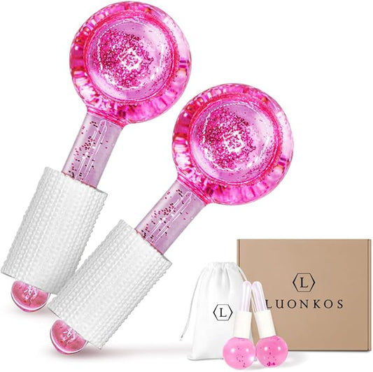 LUONKOS Ice Globes for Face - Pink, Set of 2 - Reusable Glass Gua Sha Facial Tools & Lymphatic Drainage Massager - Skincare Tools for Puffiness & Dark Circles