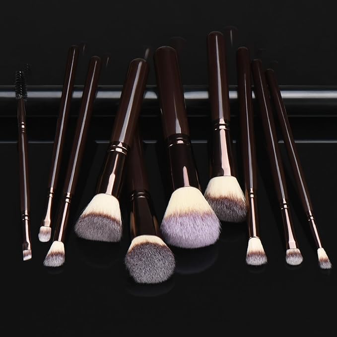 YJ-Anyue 10 Piece Black brown Makeup Brushes and 10 Piece Makeup Sponge – Wooden Handle,with Soft Synthetic Bristles,|Professional Makeup Brushes set for Women & Girls|