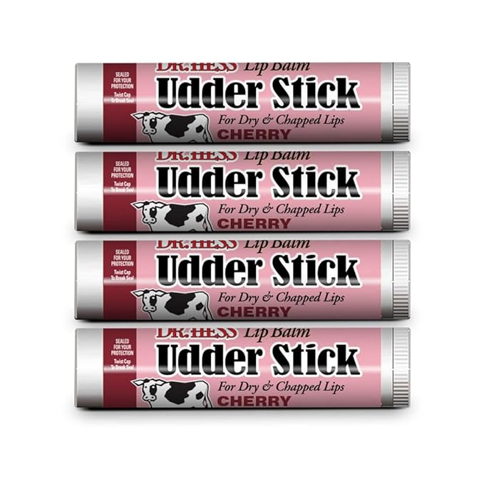 Dr. Hess Original Udder Stick SPF Lip Balm, Soothing Moisturizer Sun Screen Balm for Dry Lips with Jojoba, Beeswax & Shea Butter, Total Lip Care, Hydration & Repair, Cherry Flavor, 4 Pack