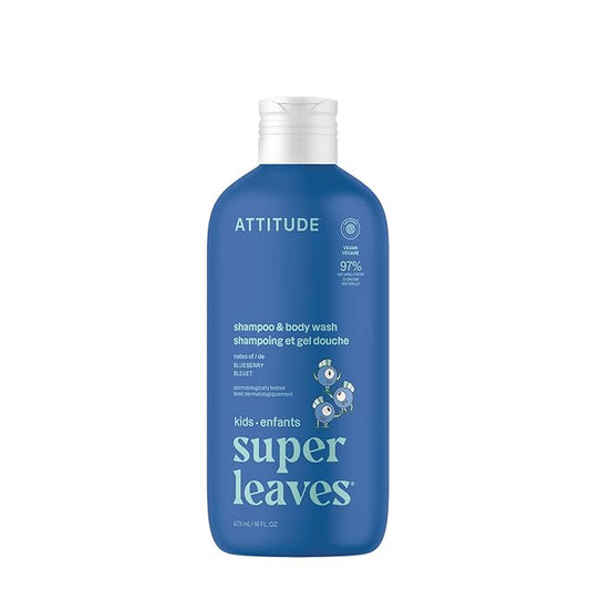 ATTITUDE Shampoo and Body Wash for Kids, EWG Verified Hair and Body Cleanser, Dermatologically Tested Soap, Plant and Mineral Based Bath Products, Vegan, Blueberry, 16 Fl Oz