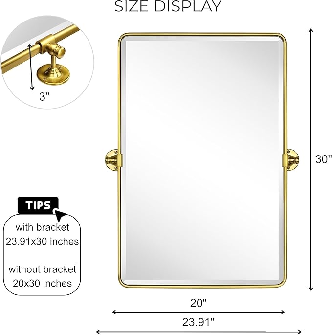 TEHOME 20x30'' Pivot Rectangle Bathroom Vanity Mirror Brushed Gold Rounded Corner Metal Framed Tilting Beveled Vanity Wall Mirrors
