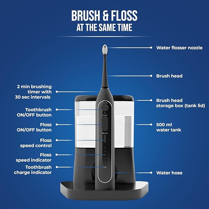 Optum Duo Flossing Toothbrush Rechargeable Electric Toothbrush with Water Flosser - Portable Water Pick Toothbrush Combo Cordless Sonic Electric Toothbrush and Water Flosser - Black