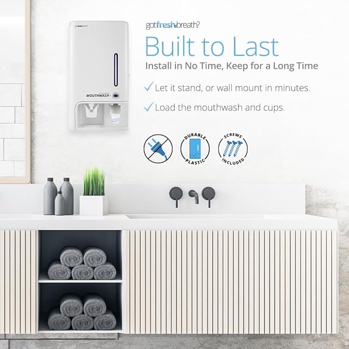 GotFreshBreath Commercial Mouthwash Dispenser with Cup Holder – Standing or Wall-Mounted, Slim, Commercial Mouthwash Dispenser with 100 Cups & 50 Oz. Alcohol-Free Mouthwash (White)