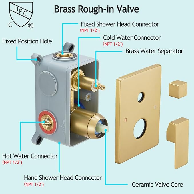 YCAIKOI Shower Faucet Set Complete, Wall Mount Shower System for Bathroom 12 Inch High-Pressure Rainfall Shower with Handheld, Rough-in Valve Body and Trim Kit, Brushed Gold