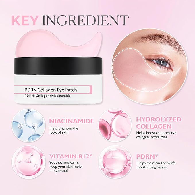 60 Pcs PDRN Under Eye Patches, Eye Mask for Puffy Eyes and Dark Circles, for Eye Bags, Fine Lines and Wrinkles Reduce, Anti Wrinkle, with Niacinamide Hydra-Gel Collagen, Skin Care - Gifts for Women