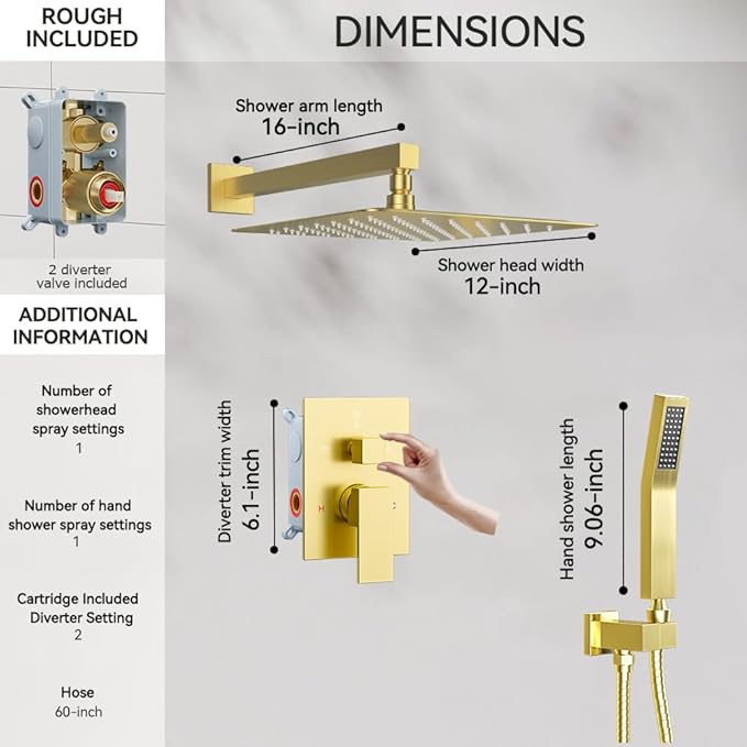 Shower Faucet Set Brushed Gold Shower System, Starbath 12" Rain Shower Head and Handheld Spray Shower Set Complete Wall Mounted,2 Way Pressure Balance Shower Valve and Trim Kit Included