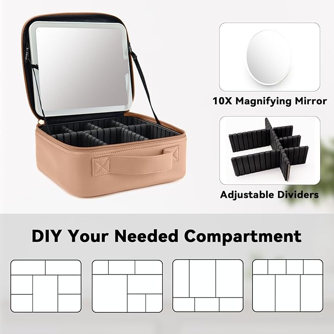 SLUMAZI Travel Makeup Bag with LED Mirror and 10x magnifying glass with 3 Lighted Settings, Adjustable Dividers and Makeup Brush Storage Bag Khaki