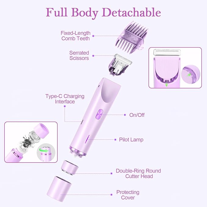 Bikini Trimmer for Women, 2-in-1 Dual Head Shaver Women, IPX7 Waterproof Gentle Electric Razors for Sensitive Areas, Cordless Hair Removal for Shower & Travel, Holiday Gift (Purple)