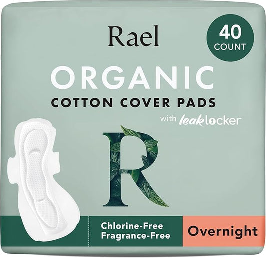 Rael Pads for Women, Organic Cotton Cover - Period Pads with Wings, Feminine Care, Sanitary Napkins, Heavy Absorbency, Unscented, Ultra Thin (Overnight, 40 Count)
