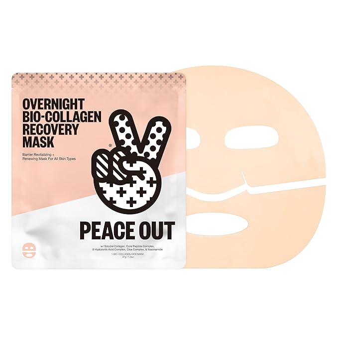 PEACE OUT Overnight Bio-Collagen Recovery Face Mask, Hydrating Overnight Sheet Mask with Vegan Collagen and Hyaluronic Acid, Helps Calm and Restore Skin, 1 Count