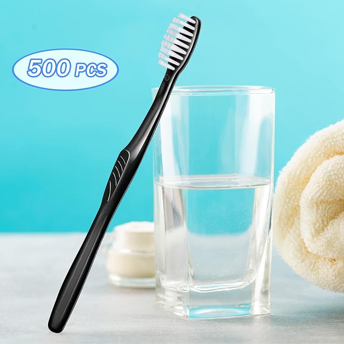 Tessco 500 Pcs Disposable Toothbrushes Individually Wrapped Soft Bristle Tooth Brush Set Travel Toothbrushes Bulk for Adults Oral Hygiene Dental Care Camping Guestroom Hotel(Black)