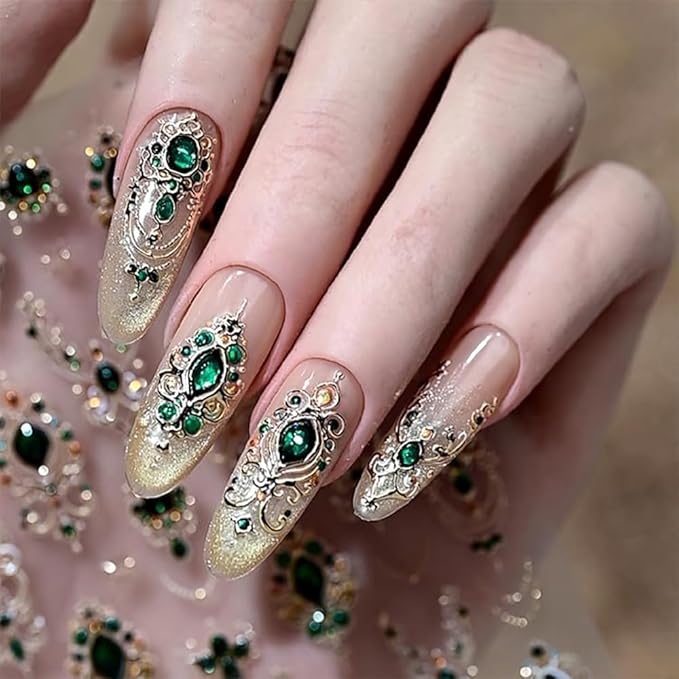 5D Embossed Gold Mace Nail Art Stickers Green Gemstone Nail Stickers for Nail Art with Green Gem Design Gold Nail Decals Manicure Decoration for Women Nails Supplise
