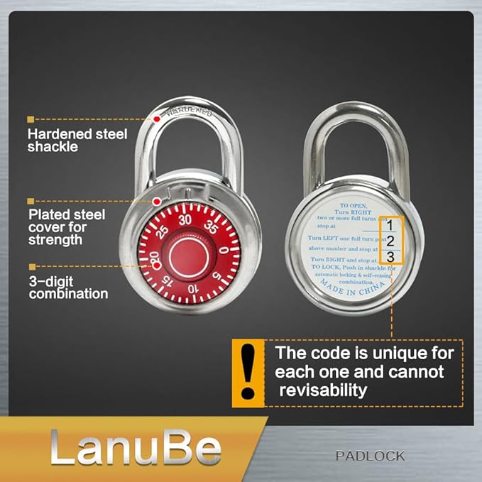 LanuBe Standard Dial Combination Lock, 2 in. Wide, with Different Combinations, Red Turnplate, Pack of 60; Lock for School, Employee, Gym Sports Locker, Case, Toolbox, and so on