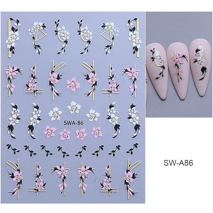 8 Sheets Flowers Nail Art Stickers Decals 3D Self Adhesive Nail Design Spring Summer Flower Nail Decals for Women DIY Manicure Tip Pink Gold Green Purple White Floral Nail Decoration