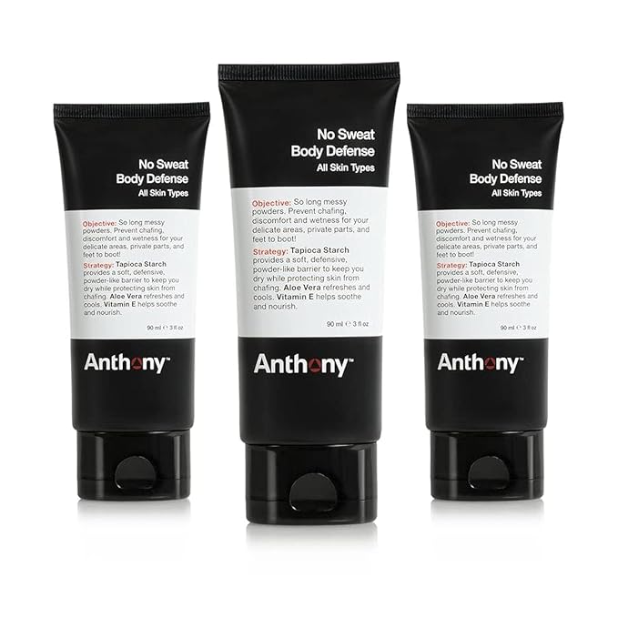 Anthony No Sweat Body Defense Deodorant for Men, Anti-Chafing & Anti-Itch Cream-to-Powder Lotion for Groin, Thighs & Underarms, Talc-Free, Absorbs Moisture, Sweat & Odor Control, 3 fl oz (Pack of 3)