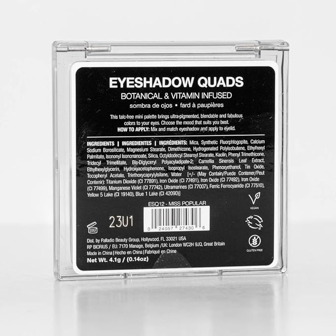 Palladio Eyeshadow Quads, Velvety Pigmented Blendable Matte, Metallic & Shimmer Finishes, Creamy Formula, Four Way Quad Eye Shadow Palette, Talc-Free (Miss Popular)
