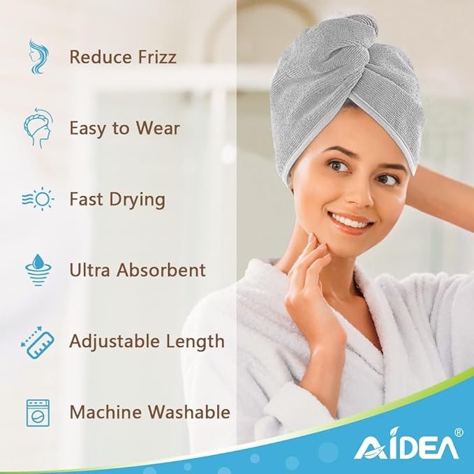 AIDEA Microfiber Hair Towel Wrap, 2 Pack Hair Turbans, Super Absorbent Quick Dry Hair Towel Wrap for All Hair Types Anti Frizz, 26"×10", Grey