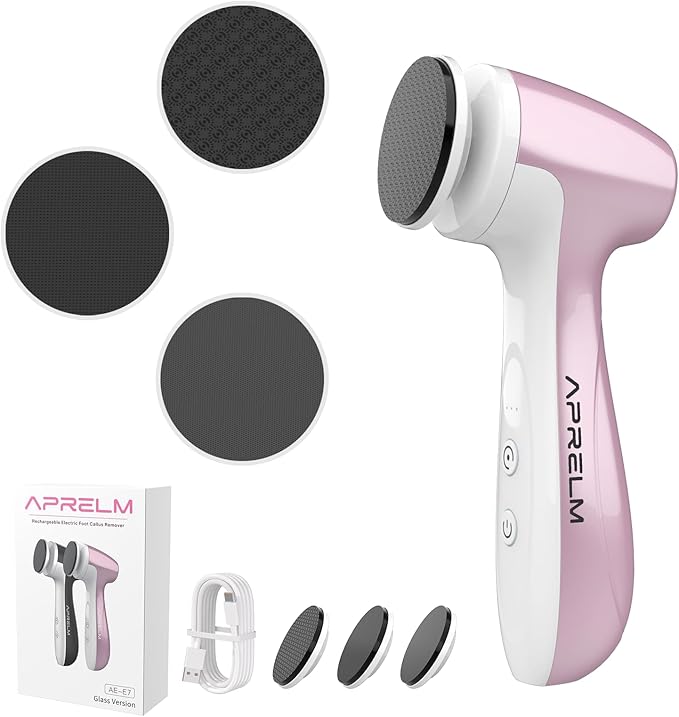 Rechargeable Electric Foot Callus Remover with 3 Glass Grinding Heads, Professional 1000RPM 3-Speed Control Electric Foot File (E7 Pink Glass Version)