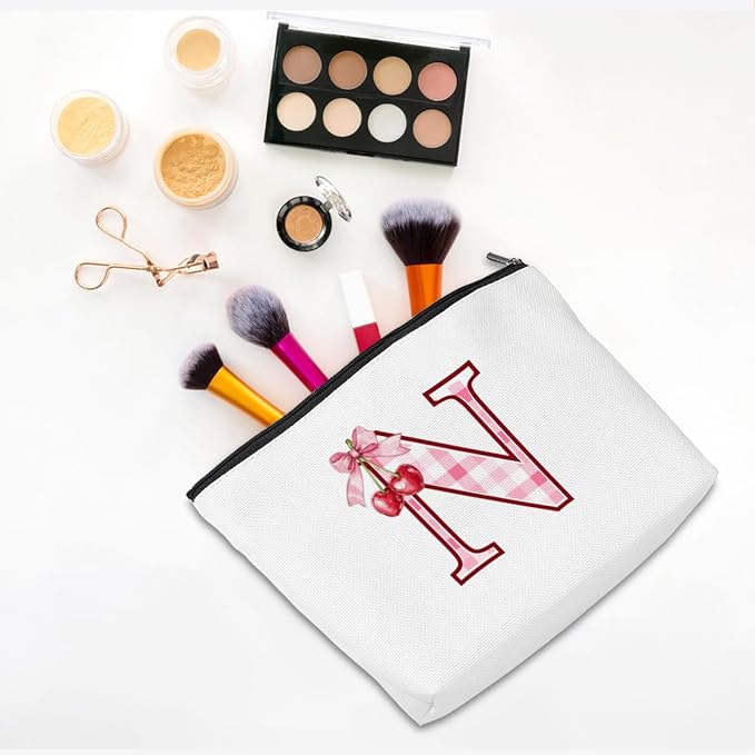 CQM Initial Makeup Bag Monogram Cosmetic Bag Monogrammed Gifts for Women Girls Friends Coworker Sisters Personalized Travel Toiletry Bag Christmas Bridal Shower Wedding Bridesmaid Gifts, Cherry N