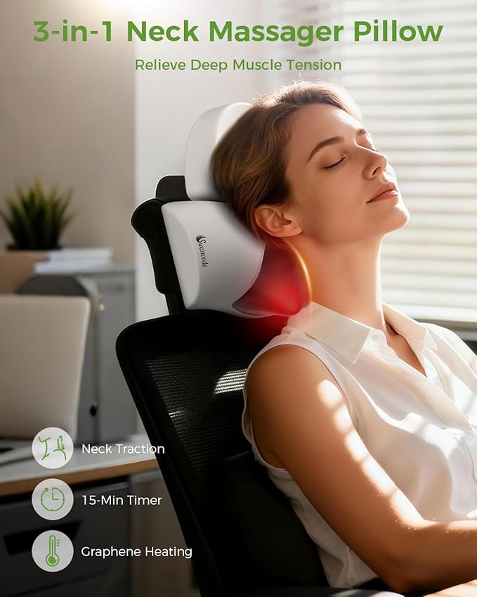 Upgraded 3-in-1 Neck Massager Pillow with Heat, Portable Cordless Neck Massager for Pain Relief Deep Tissue, Rechargeable Pillow Massager for Neck & Shoulder Relaxation at Home/Office/Travel