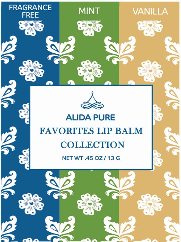 ALIDA PURE Favorites Lip Balm Collection, Vegan Set, Bees Wax Free, Coconut Oil Free, with Organic Jojoba and Avocado Oil, Vitamin E, Natural Moisturizer For Dry Cracked Lips, 3 Tube Set