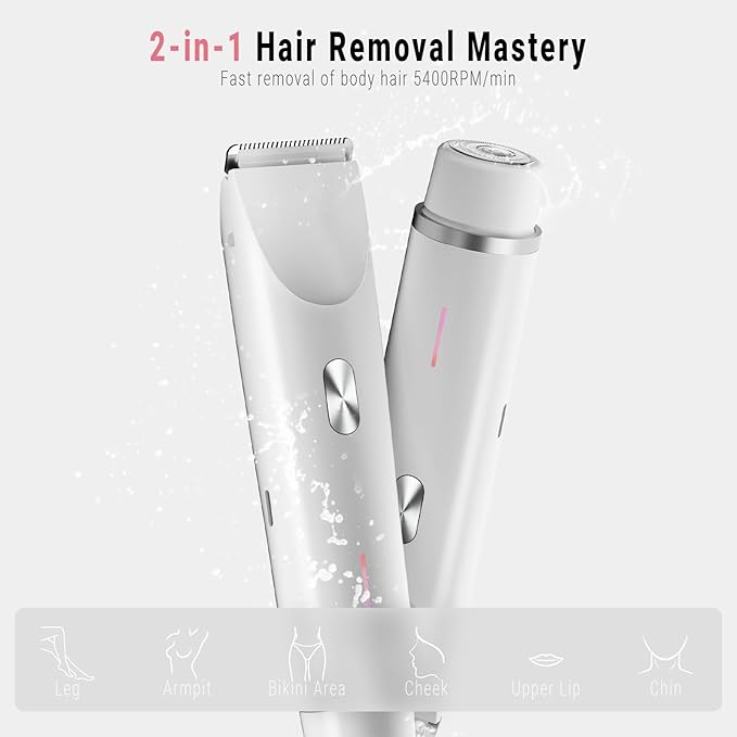 2-in-1 Bikini Trimmer for Women, Bikini Shaver with Dual Heads, Body and Facial Hair Removal, Rechargeable Cordless Electric Razors for Face Chin Pubic Underarm Legs, IPX7 Waterproof, White