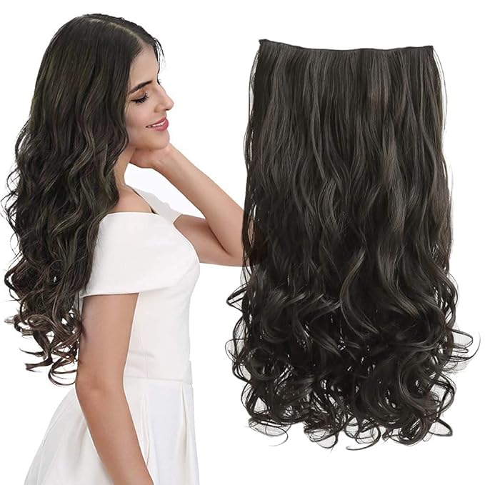 REECHO 24" 1-Pack 3/4 Full Head Curly Wave Clips in on Synthetic Hair Extensions HE008 Hairpieces for Women 5 Clips per Piece-Black Brown