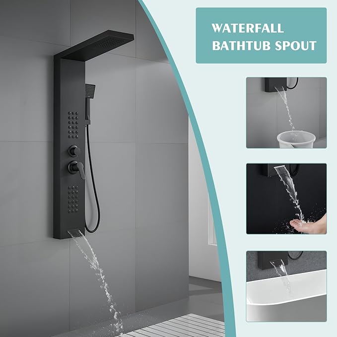KINKIB Shower Panel Tower System with Rainfall Shower Head, Powerful Body Jets, Matte Black Shower Tower with Handheld Shower and Tub Spout, Stainless Steel Shower Column High Pressure
