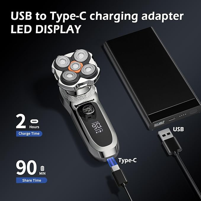 Electric Razor for Head,VoltPanther Head Shavers for Bald Men,Magnetic Detachable Bald Head Shaver,IPX6 Waterproof Wet Dry Razors for Men,LED Display Rechargeable 5D Rotary Shaver with Type C Charge