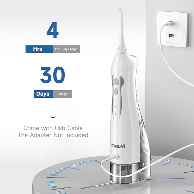 Mornwell Water Flosser Cordless, Water Flossers for Teeth - 300ML Tank and 4 Jet Tips, 3 Modes Portable Dental Oral Irrigator, Braces Care, Rechargeable Waterproof Portable Water Flosser